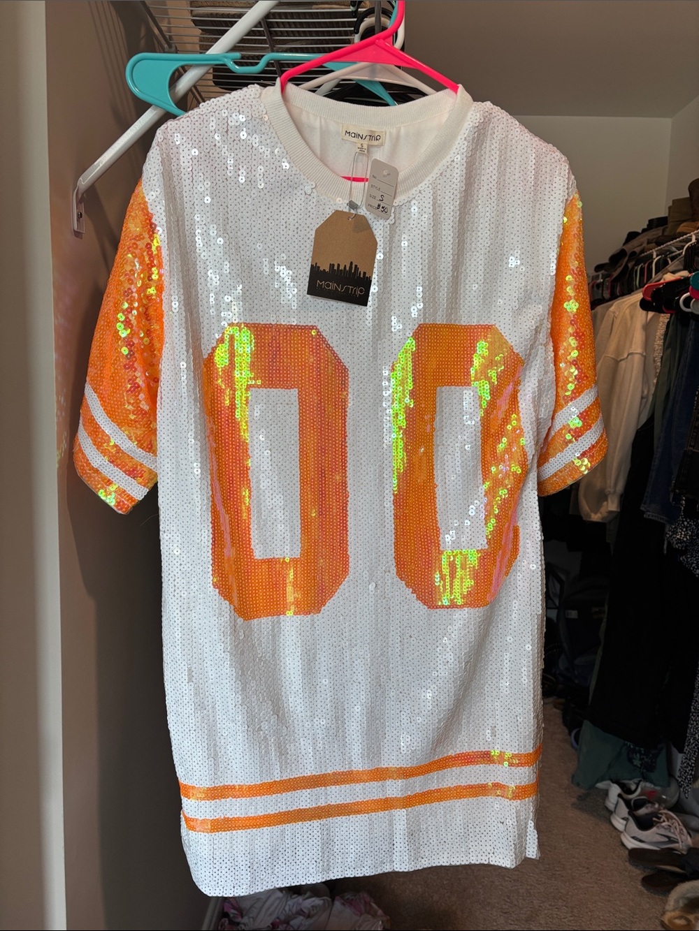 Main Strip White Sequin Jersey Dress with Orange Number Accents